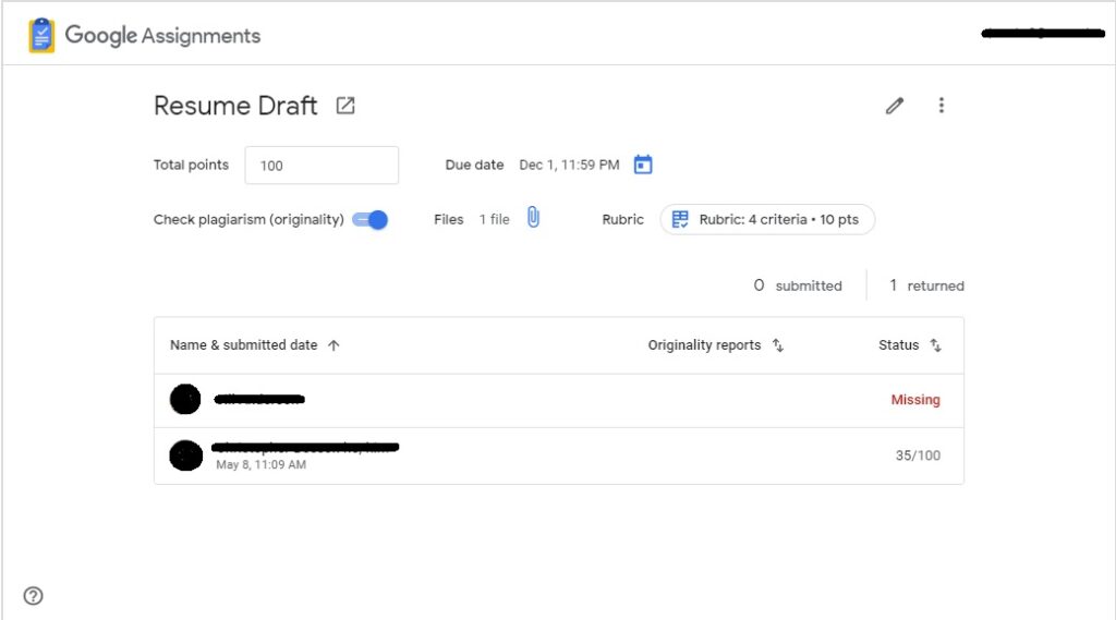 Screen shot of the Google Assignments window in Moodle. The example assignment displayed is a Resume Draft assignment. The window show total points, due date, originality report is enabled, how many files are provided, and a link to the rubric. Also shown is a list of students, when they submitted, and the status of their submission.