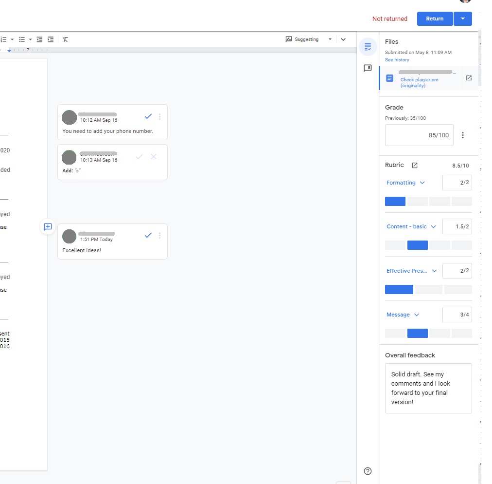 Screen shot of the grading interface for instructors in Google Assignments. Shown is the right edge of the document with three comments to the right that the instructor has made. Another panel to the right shows the grade and the rubric where the instructor marks the paper, plus a window for overall feedback.