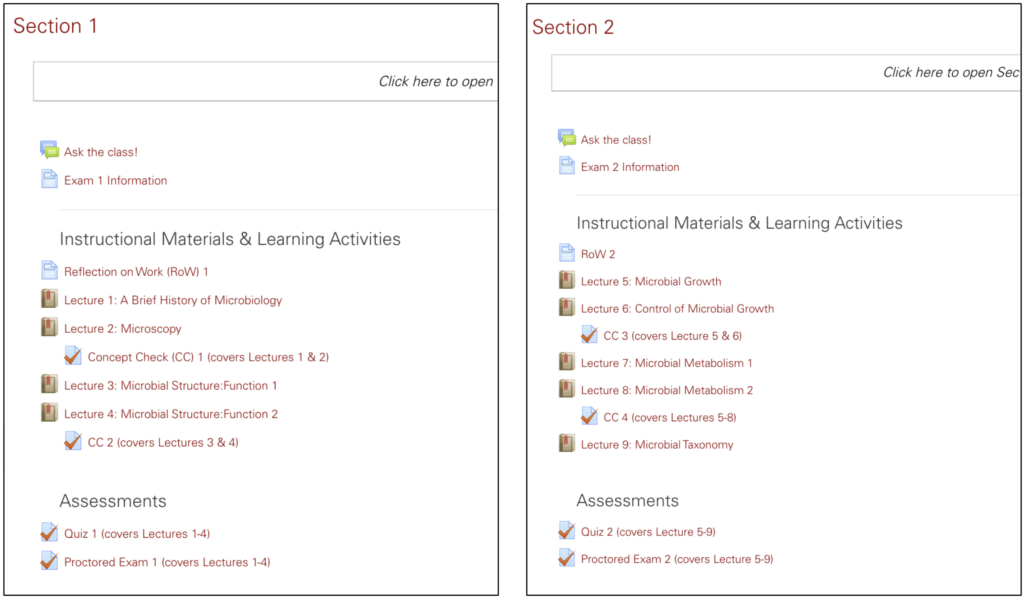 Two modules in Moodle use labels, indentation, and similar naming and structure of components