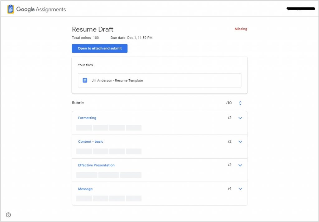 Screen shot of the student view of an example Google Assignments activity in Moodle. The example assignment is for a resume draft. The window shows total points, due date, a button to submit a file, files provided by the teacher, and a rubric. The status of this example is "missing" because the student has not submitted an assignment.