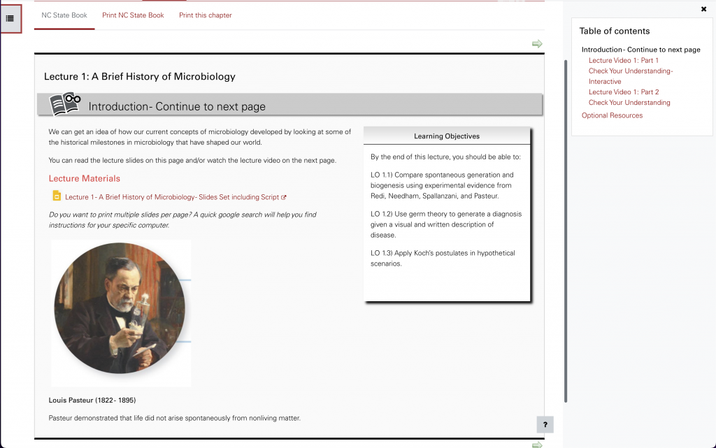 A page in an NC State Book resource contains text, images and an information box. The table of contents is shown to the right of the page.