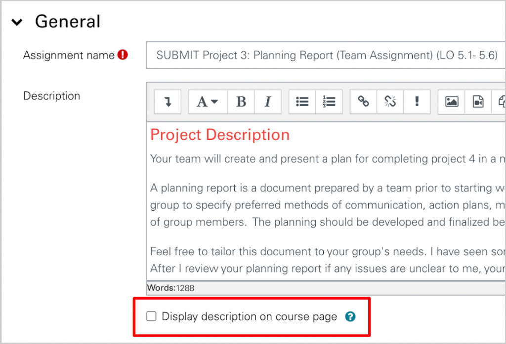 The "display description on course page" checkbox is located below the description field.