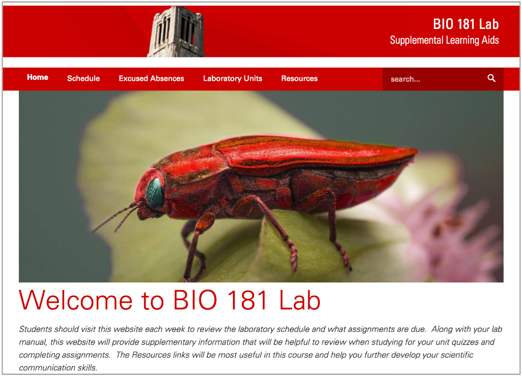 Screen shot of the homepage of the BIO 181 Lab website