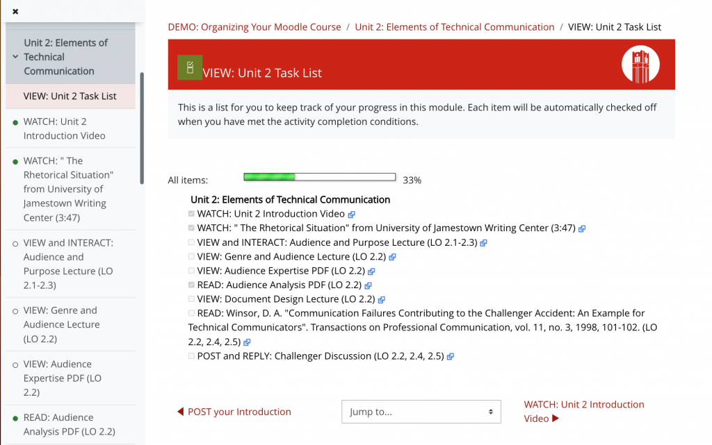 Moodle Checklist Activity screen shot