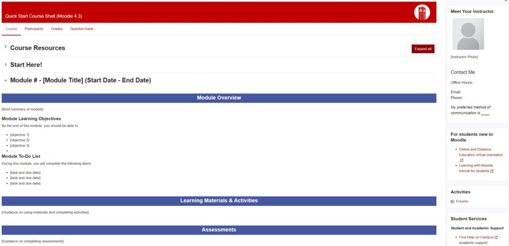 Screenshot of the Quick Start Course Shell with an organized structure for a course module displayed