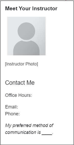 Screenshot of example "Meet Your Instructor" Block with photo and contact information.