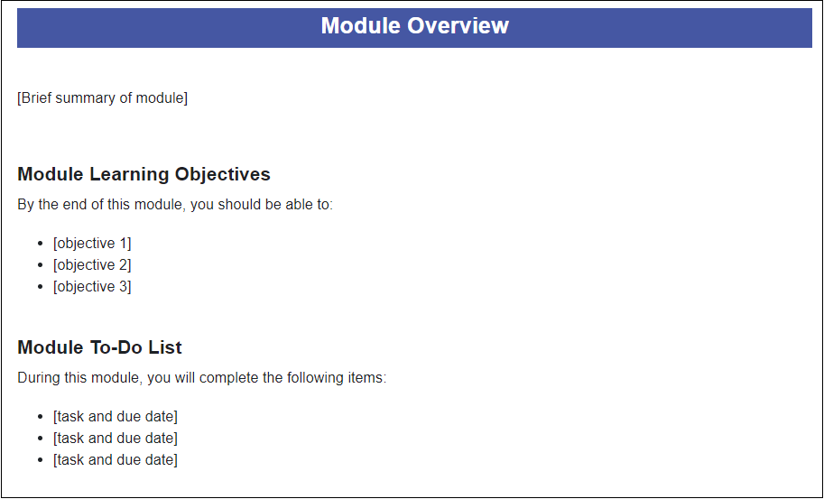 Screenshot of a module overview that includes the items listed in the text.