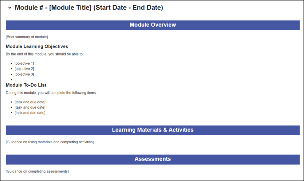 Screenshot of a module from the Quick Start Course Shell that shows the best practices listed below.