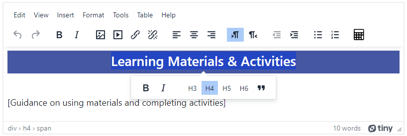 Screenshot of how a heading toolbar pops up for highlighted text in the Moodle editor.