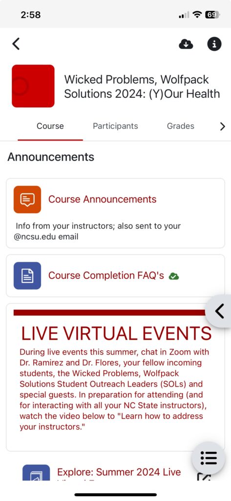 A course displayed in the Moodle NC State mobile app.