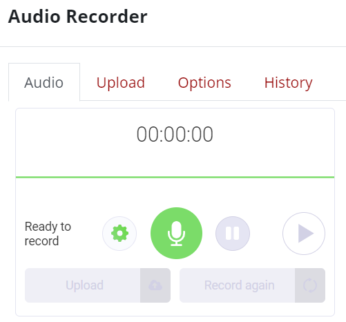 A screenshot of the audio recorder interface with a large green microphone button which starts the recording.