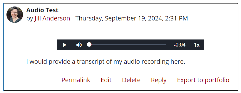 A recording as it appears in a course as a black bar with a play button, progress bar, and speed button. 