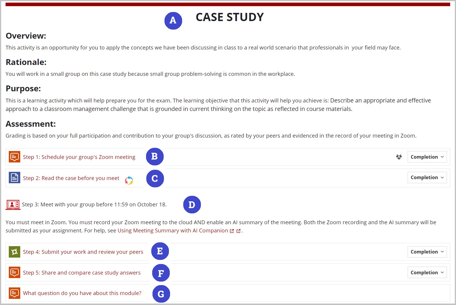 Screenshot of case study in Moodle