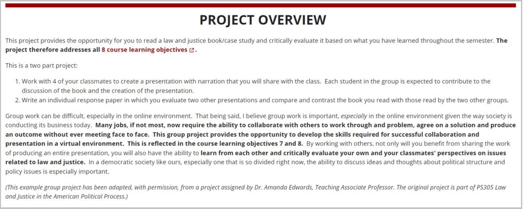 Screenshot of project overview in Moodle