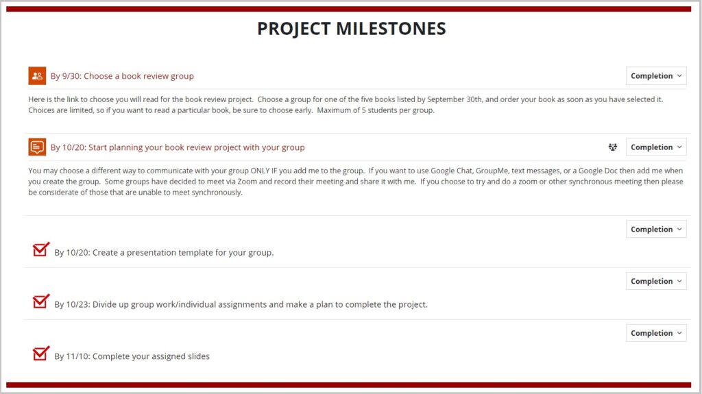 Screenshot of project milestones