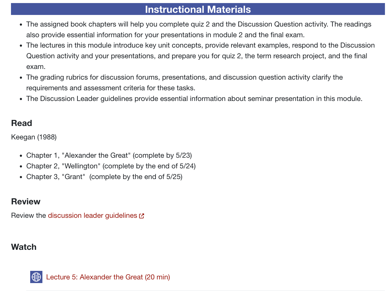 A module overview in Moodle lists brief explanations of how the materials in the module are intended to help students complete learning activities.