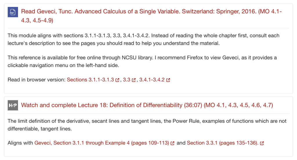 Descriptions below Moodle resources and activities help to explain how they are aligned.