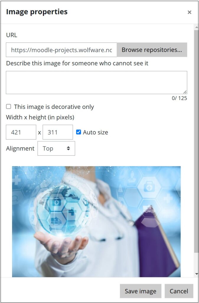 Screenshot of image properties in Moodle as described at right