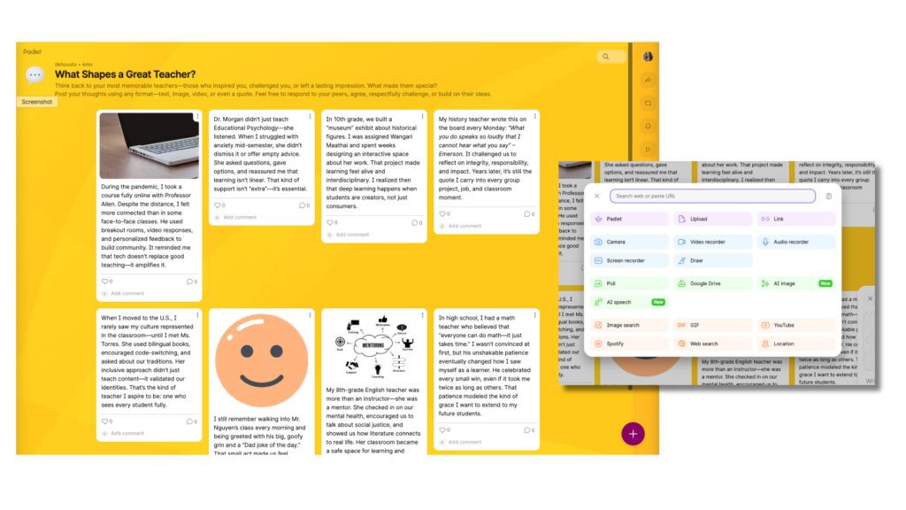 Screenshot of a Padlet board showing digital sticky notes with short reflections. A toolbar is open with options to add text, images, links, or media.