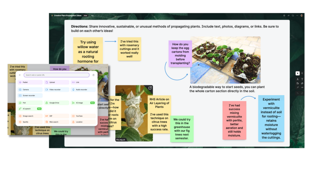 Screenshot of a Padlet board with colorful sticky notes and an image of seedlings. A toolbar is open with options to add content.