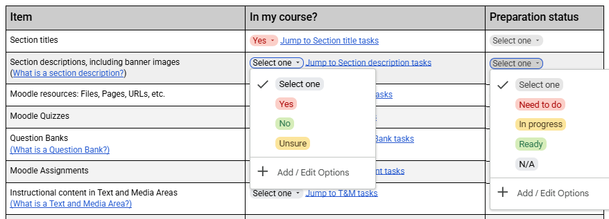 Screenshot of the My Course Audit table on the checklist